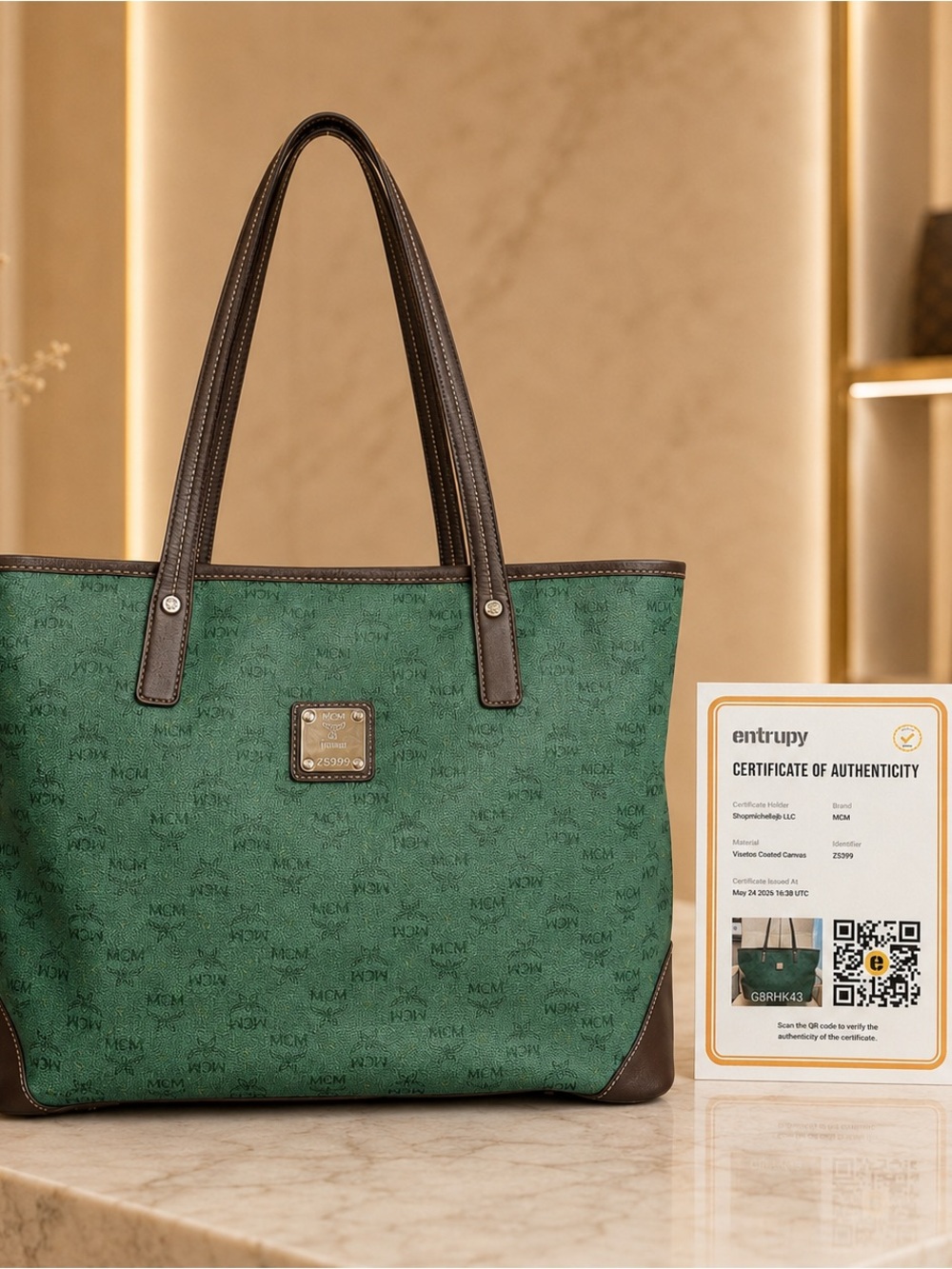 MCM Green Logo Canvas Tote with Brown Leather Handles - Picture 9 of 9